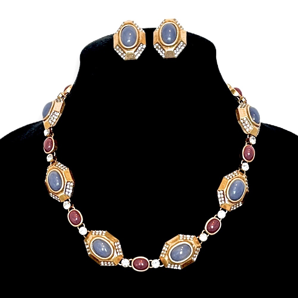NEIMAN MARCUS | Vintage-Inspired Red & Blue Cabochon Necklace/Earring Set | NWOT - Picture 10 of 10